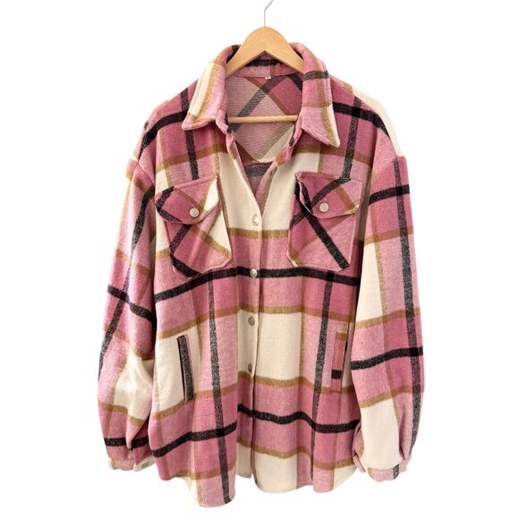 Womens Pink Lapel Plaid Wool Blend Coat Shirt Jacket Shacket XXL M Barn Flannel - Picture 2 of 6